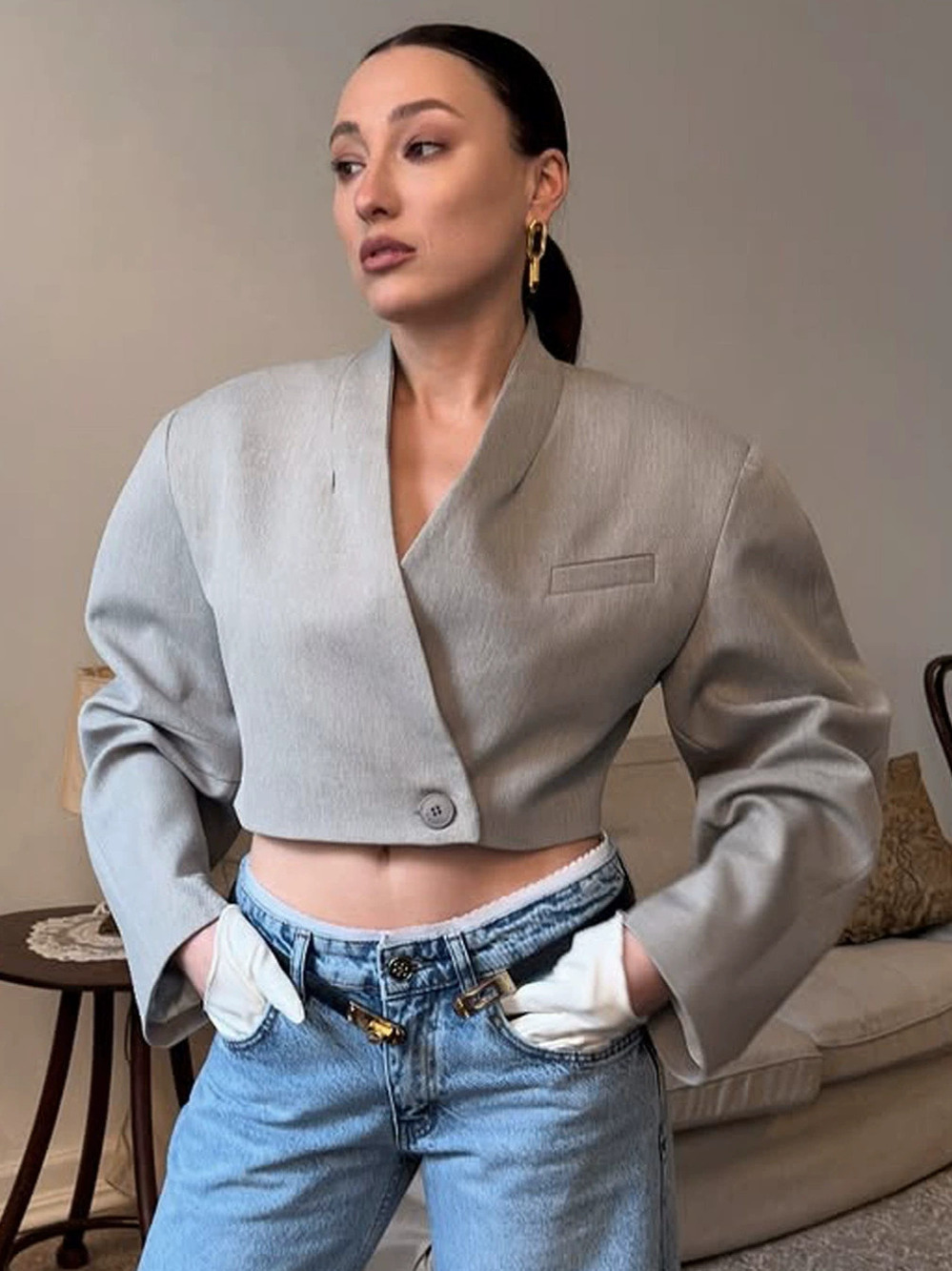 Zara Grey Short Blazer Jacket Long Sleeve Fall